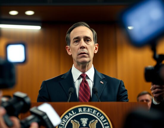 Federal Reserve Bank of Chicago President Austan Goolsbee speaking at a press conference, emphasizing the importance of Fed independence.