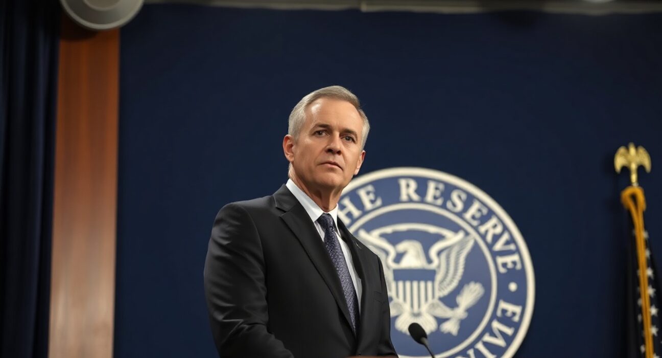 Federal Reserve Bank of Chicago President Austan Goolsbee speaking at a press conference about inflation risks.