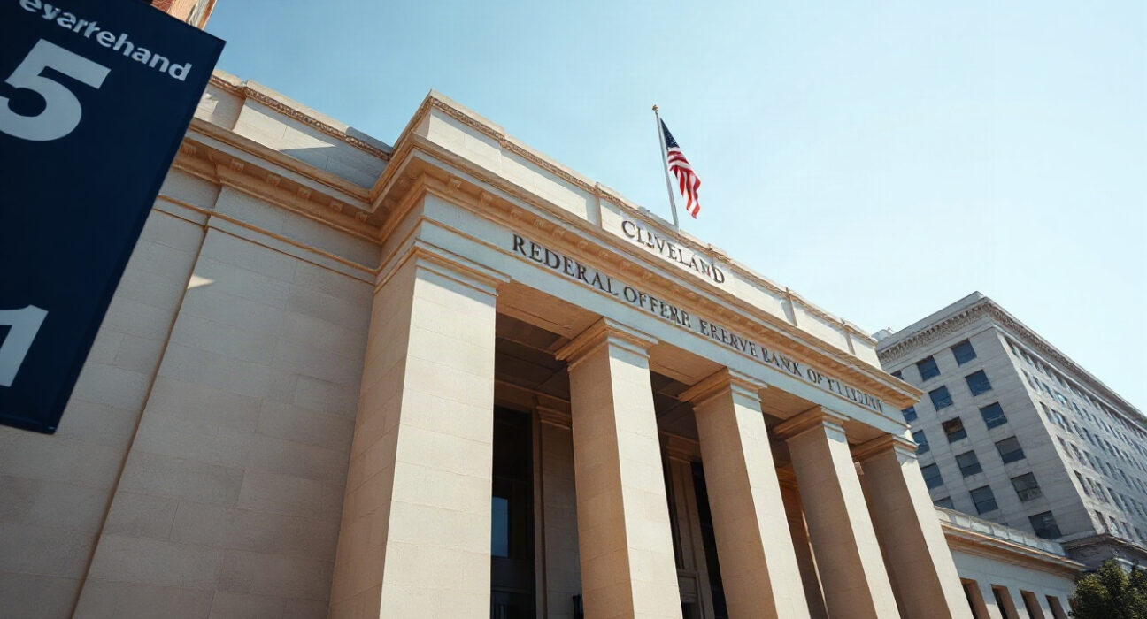 Federal Reserve Bank of Cleveland building with American flag on a sunny day.