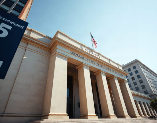Federal Reserve Bank of Cleveland building with American flag on a sunny day.