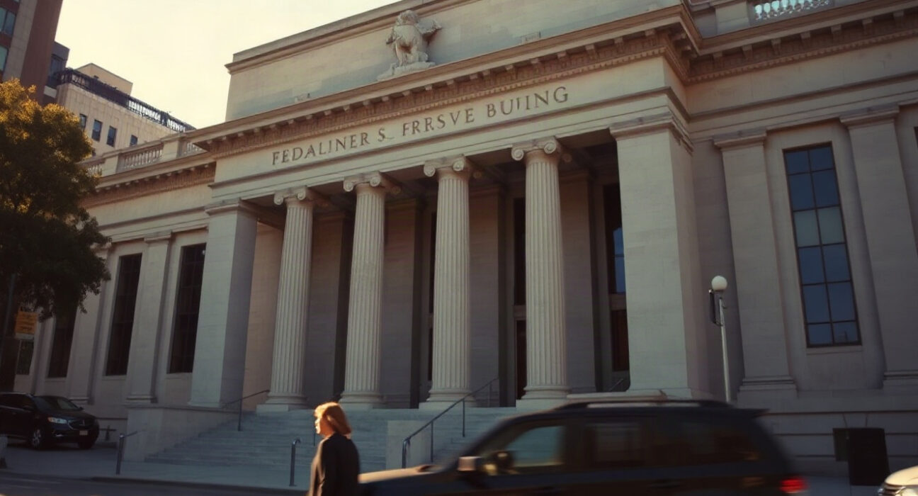 Exterior of the Federal Reserve Board building in Washington, D.C., on a sunny afternoon.