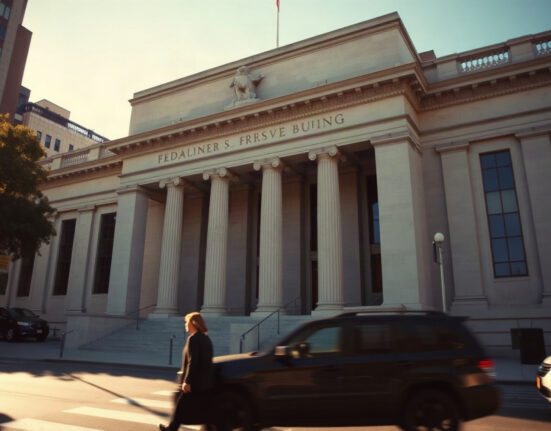 Exterior of the Federal Reserve Board building in Washington, D.C., on a sunny afternoon.