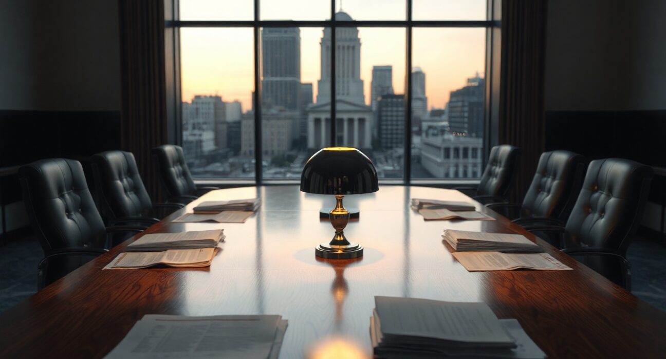 Federal Reserve Board building interior with conference table and desk lamp