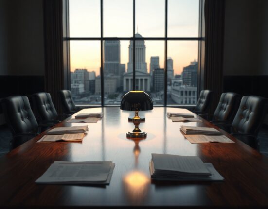 Federal Reserve Board building interior with conference table and desk lamp