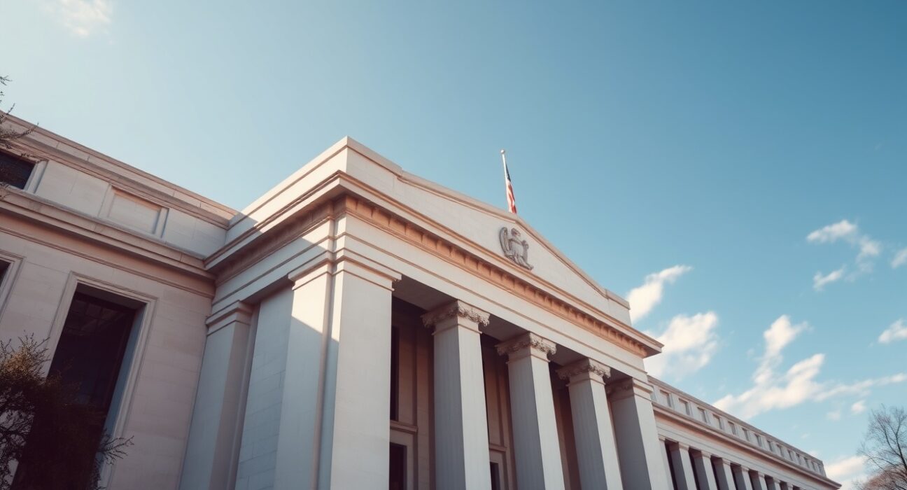 Exterior of the Federal Reserve building on a sunny day, representing central bank policy.