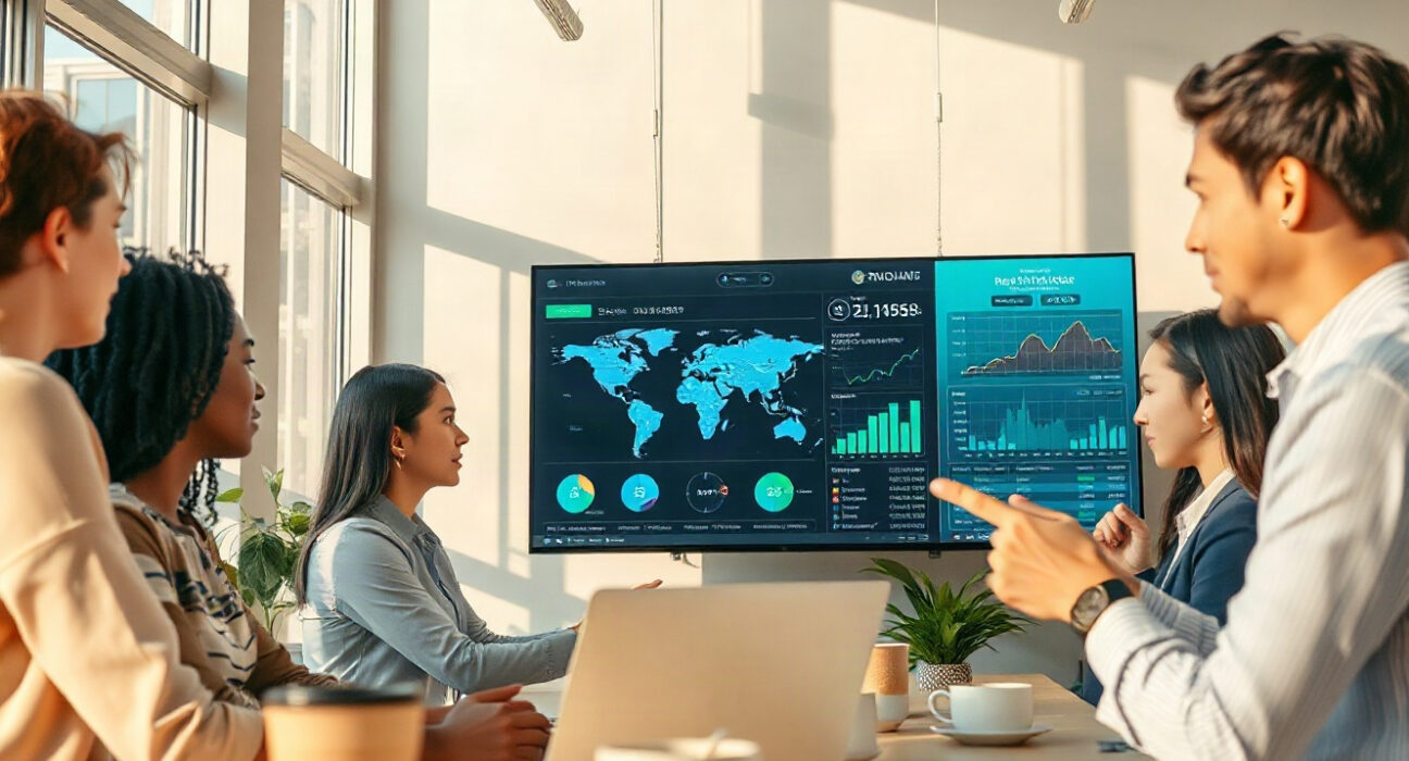 Team reviewing global remittance data on a large screen in a modern office