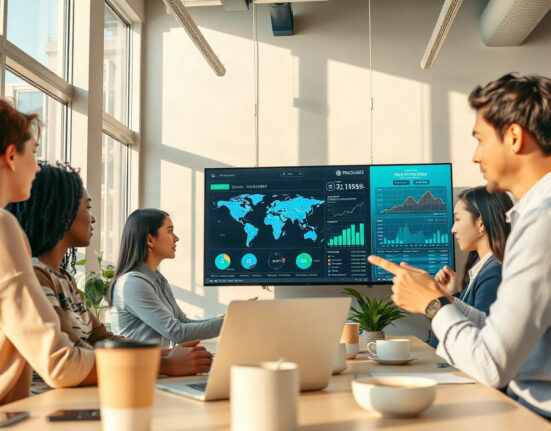 Team reviewing global remittance data on a large screen in a modern office