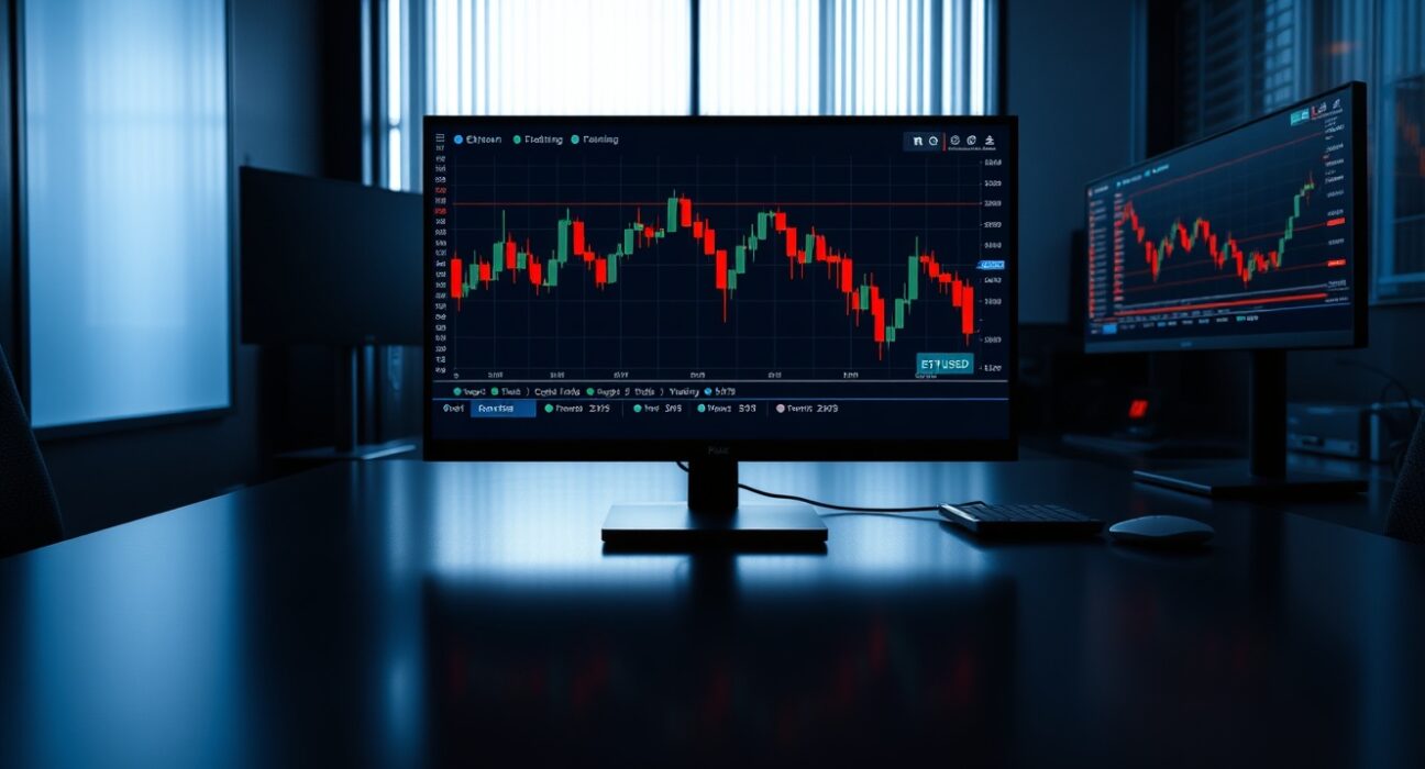 Cryptocurrency trading desk with Ethereum price chart showing a red decline