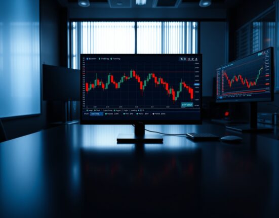 Cryptocurrency trading desk with Ethereum price chart showing a red decline