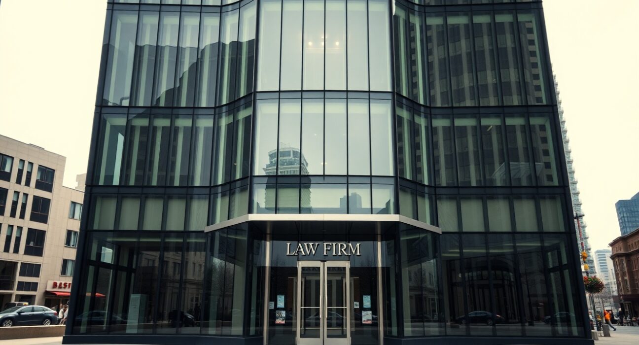 Exterior of a modern glass law firm building in a city, representing Fenwick & West's settlement with FTX customers.