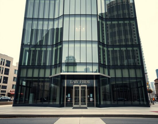 Exterior of a modern glass law firm building in a city, representing Fenwick & West's settlement with FTX customers.