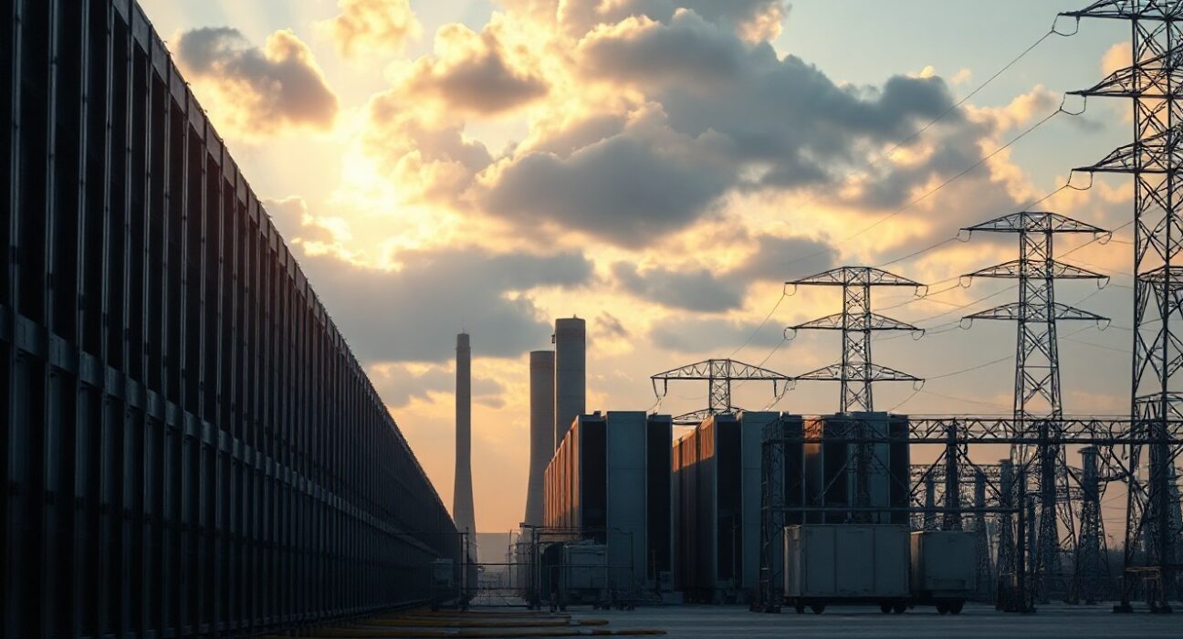 Large data center complex connected to electrical substation and transmission towers at dusk