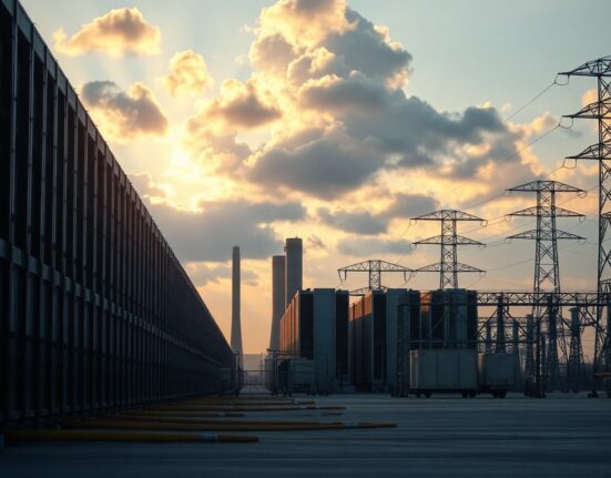 Large data center complex connected to electrical substation and transmission towers at dusk