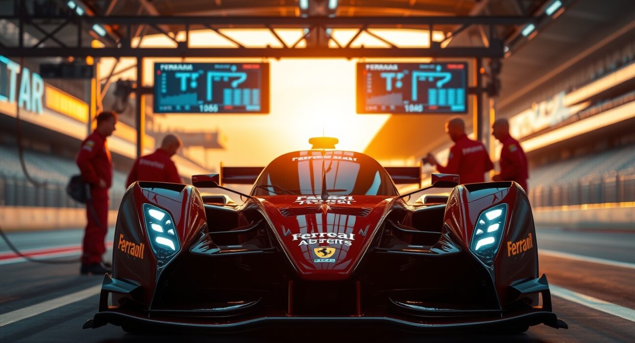 Ferrari F1 car in pit lane with digital AI screens and crew