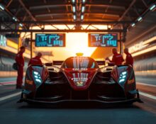 Ferrari F1 car in pit lane with digital AI screens and crew