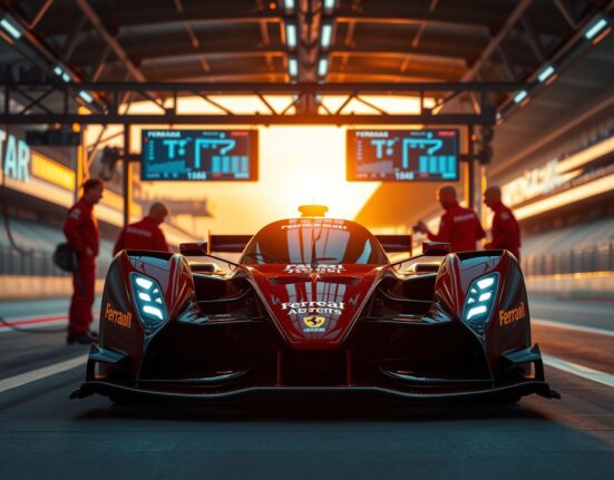 Ferrari F1 car in pit lane with digital AI screens and crew