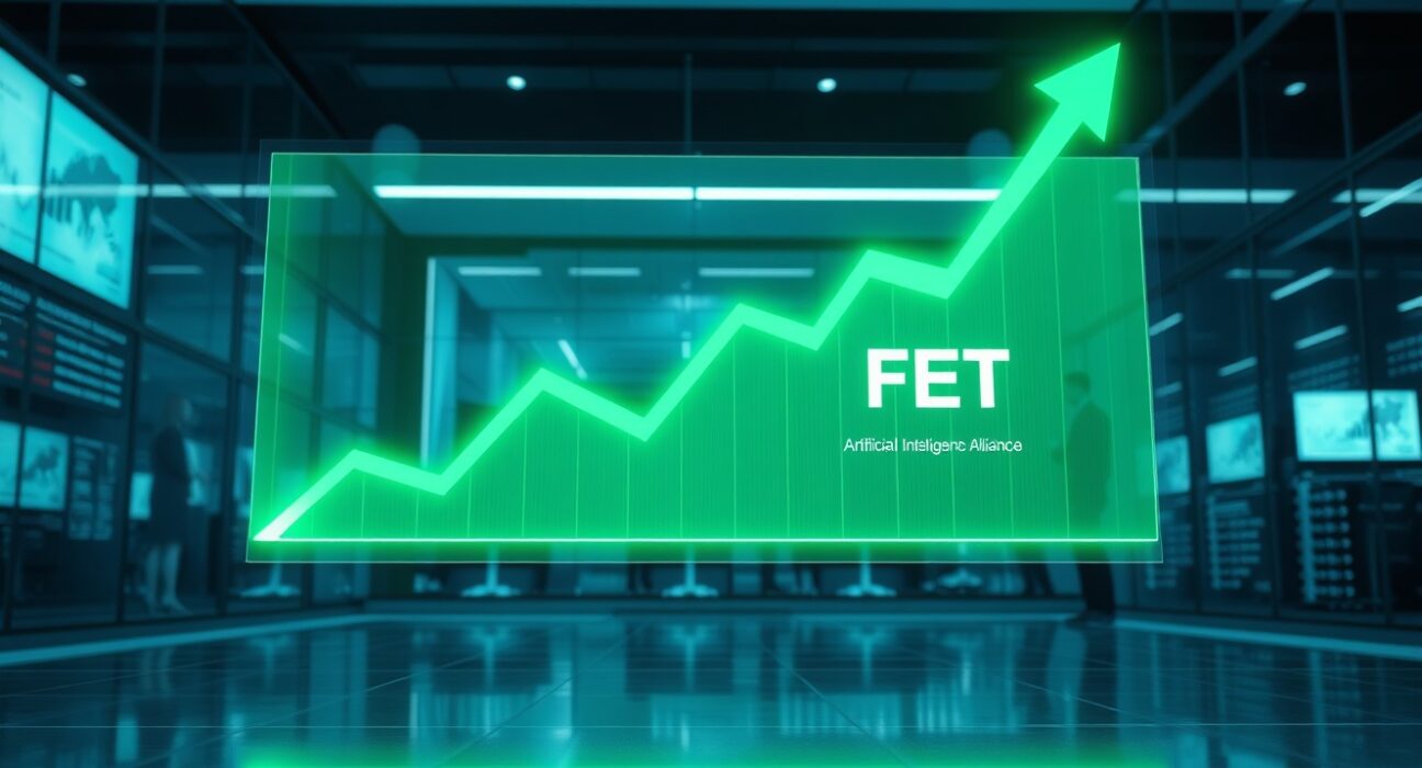 Futuristic trading floor with a glowing holographic FET price chart showing an upward trend.
