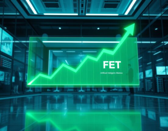 Futuristic trading floor with a glowing holographic FET price chart showing an upward trend.