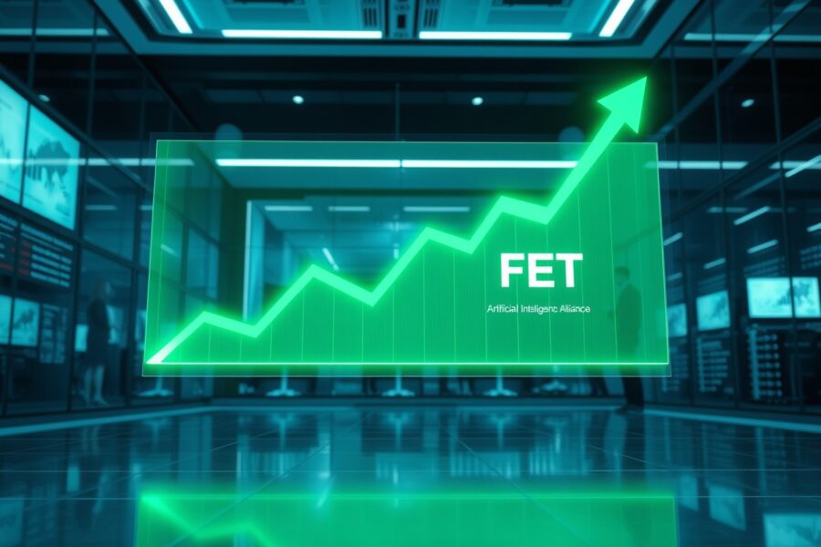Futuristic trading floor with a glowing holographic FET price chart showing an upward trend.