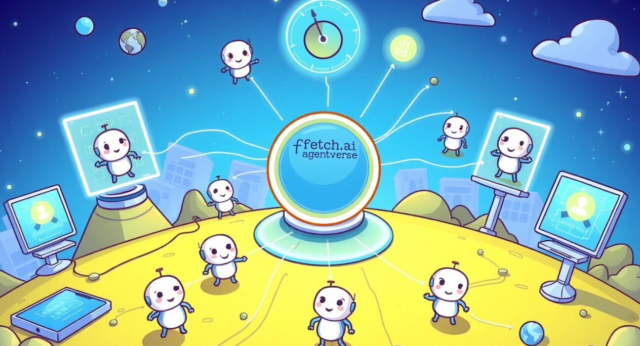 Cartoon illustration showing Fetch.ai Agentverse facilitating the swift deployment of AI agents across a decentralized network.