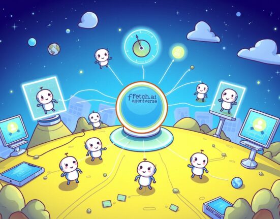 Cartoon illustration showing Fetch.ai Agentverse facilitating the swift deployment of AI agents across a decentralized network.