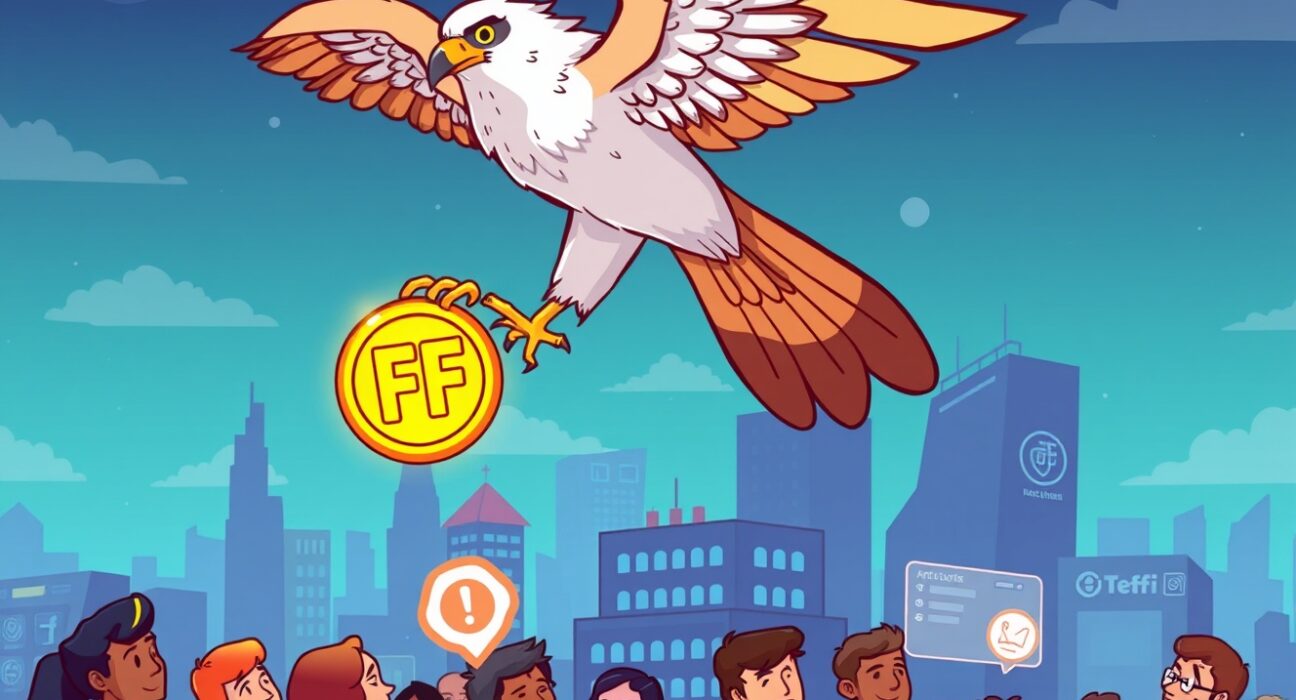A cartoon falcon symbolizes Falcon Finance's innovative vision, highlighting the key details within the FF token white paper for its ecosystem.
