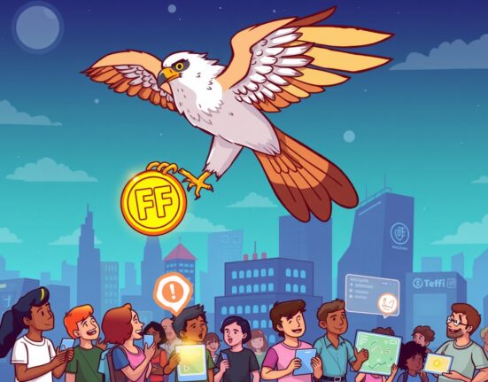 A cartoon falcon symbolizes Falcon Finance's innovative vision, highlighting the key details within the FF token white paper for its ecosystem.