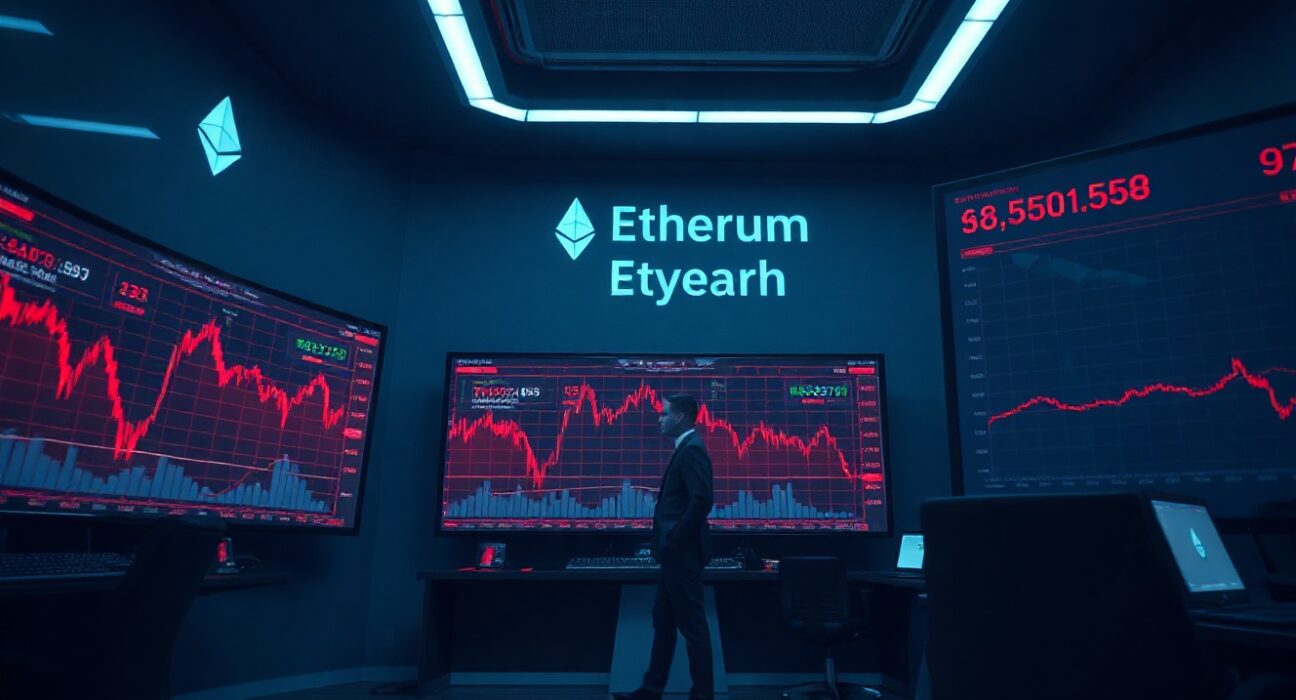 Ethereum price charts on trading monitors in dimly lit office
