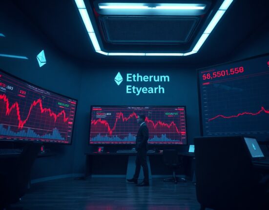 Ethereum price charts on trading monitors in dimly lit office