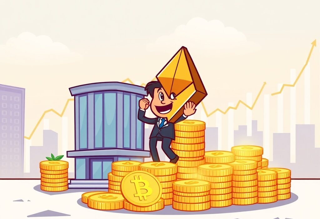 Cartoon illustration showing a company celebrating a significant FG Nexus Ether purchase, symbolizing major institutional investment in ETH.