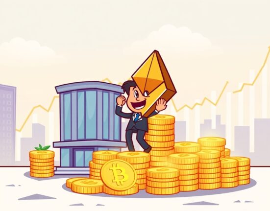 Cartoon illustration showing a company celebrating a significant FG Nexus Ether purchase, symbolizing major institutional investment in ETH.