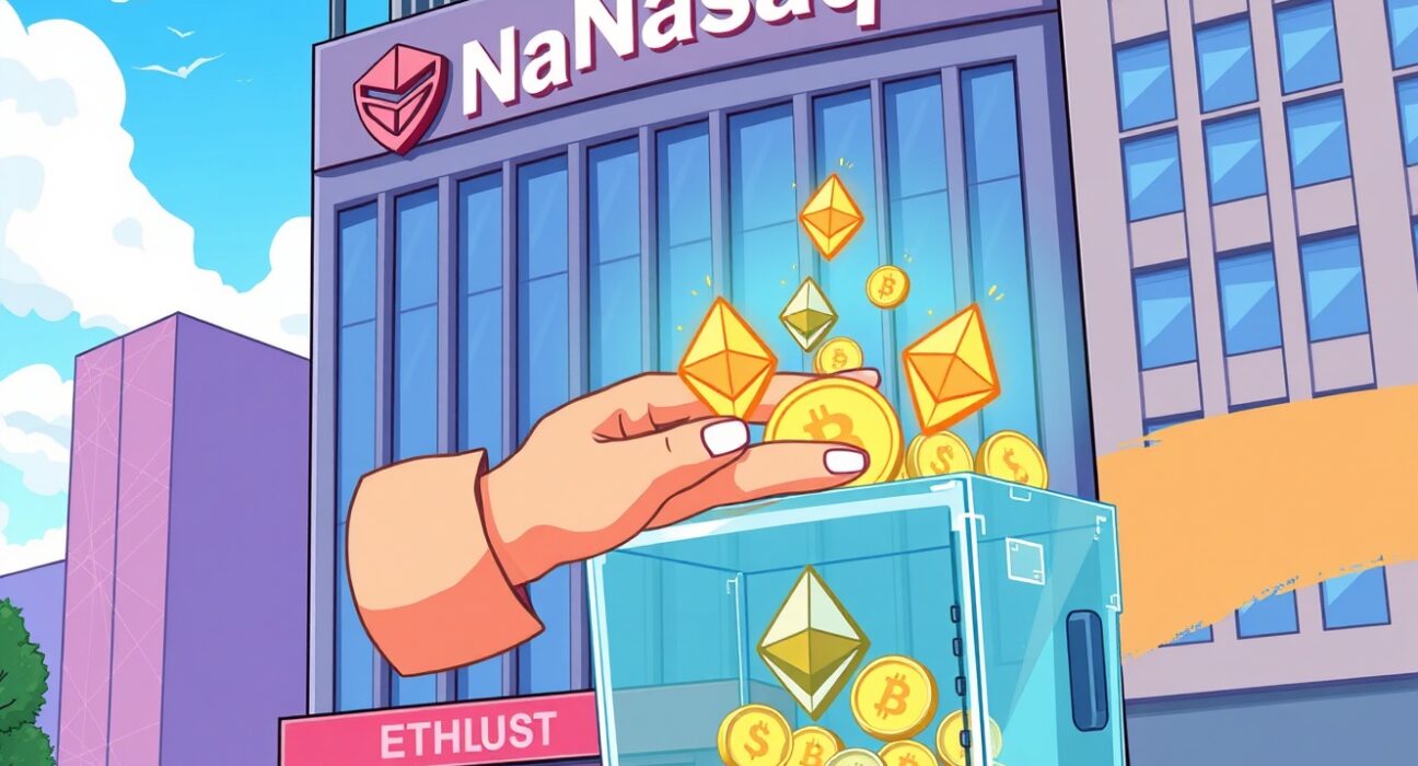 Cartoon showing FG Nexus strategically increasing its Ethereum holdings, signifying corporate adoption of digital assets.