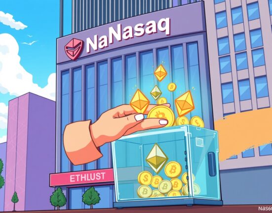 Cartoon showing FG Nexus strategically increasing its Ethereum holdings, signifying corporate adoption of digital assets.
