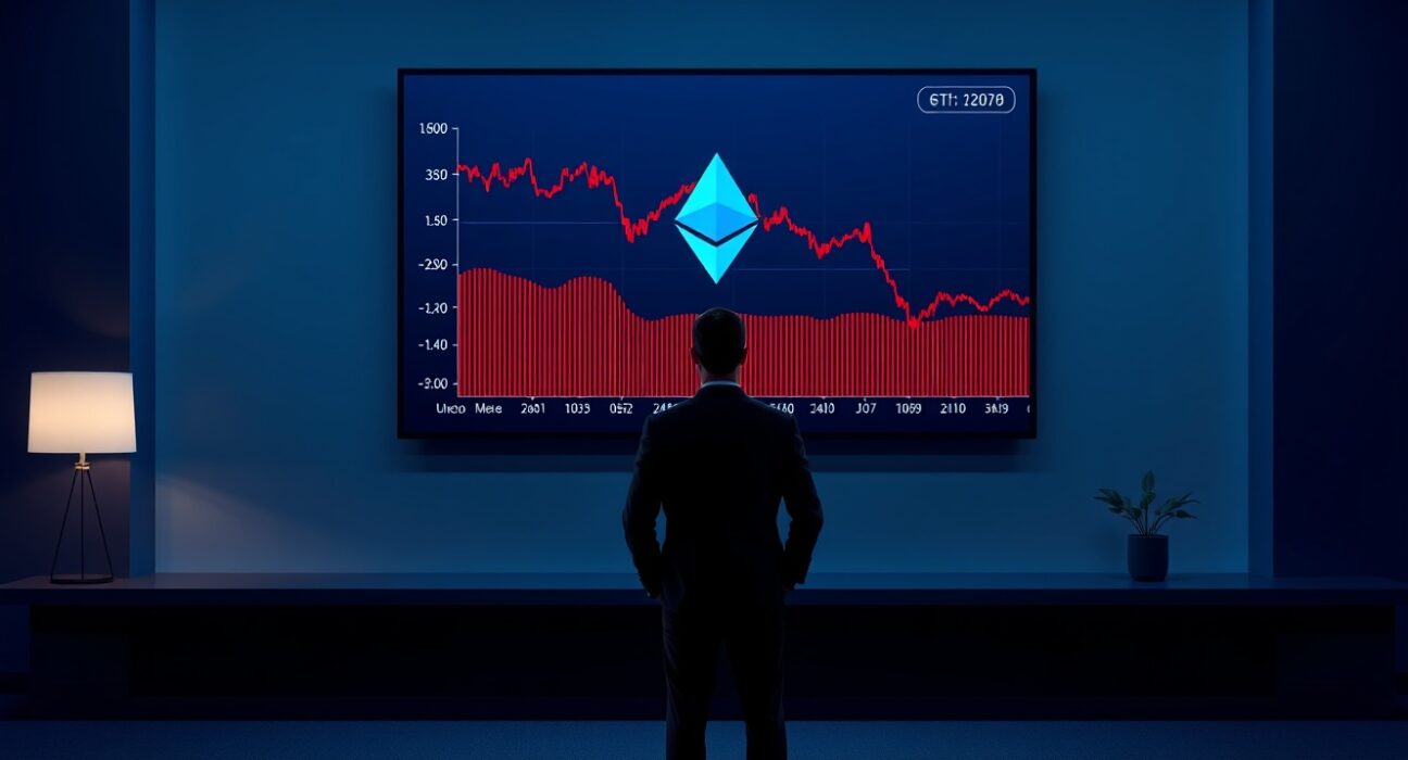 Silhouette of a person viewing a declining Ethereum price chart on a large screen in a dark office, representing financial losses.