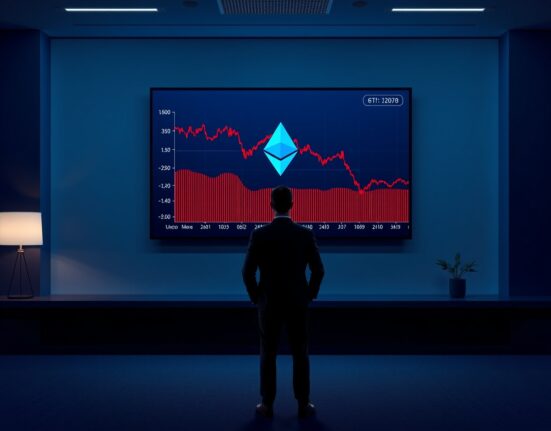 Silhouette of a person viewing a declining Ethereum price chart on a large screen in a dark office, representing financial losses.
