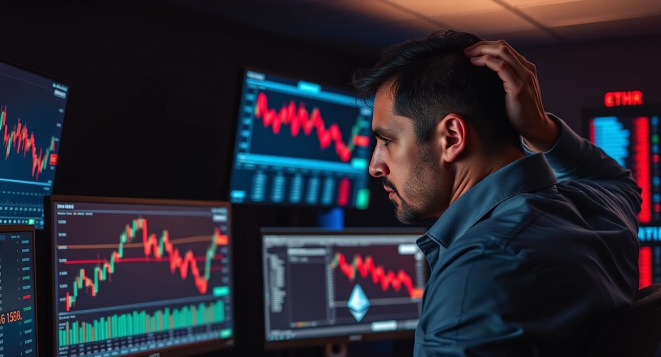 Trader watching red Ethereum price charts after FG Nexus sells ETH holdings