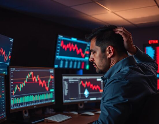 Trader watching red Ethereum price charts after FG Nexus sells ETH holdings