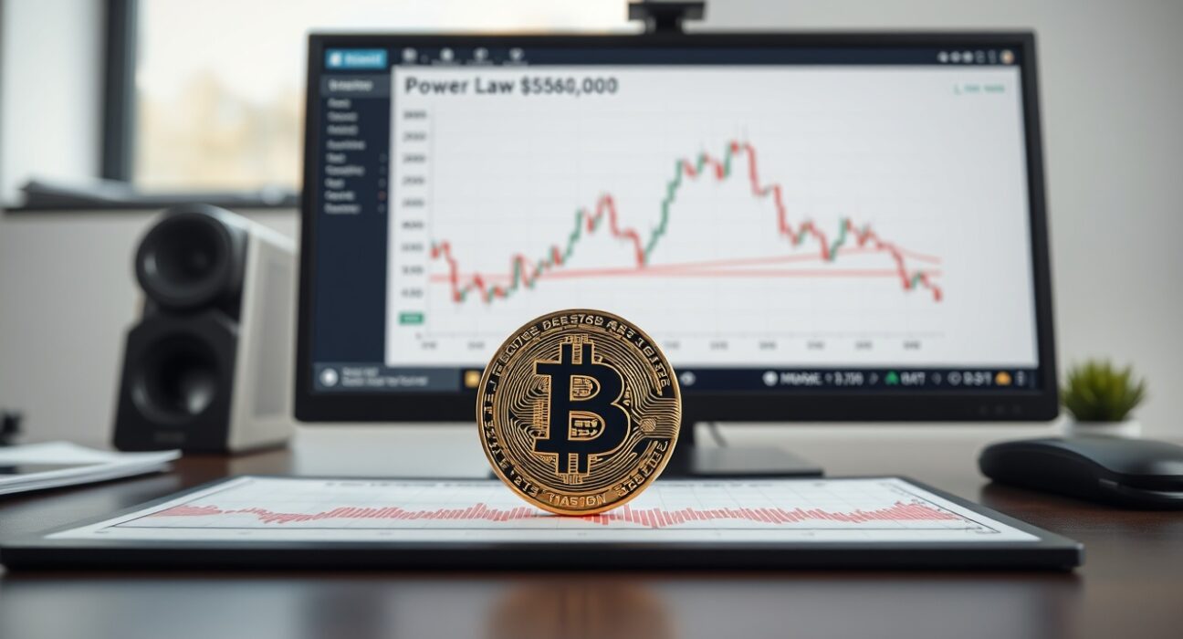 Bitcoin coin on a financial chart showing Power Law support near $58,000
