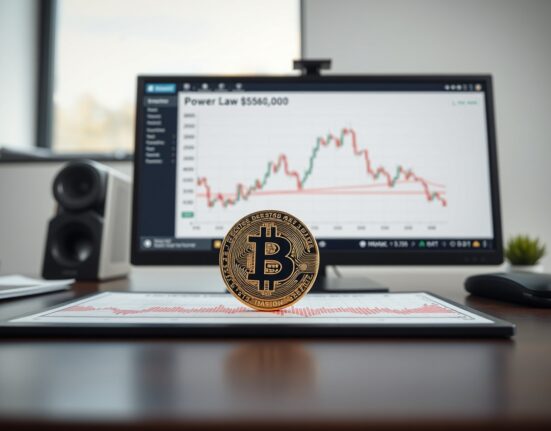 Bitcoin coin on a financial chart showing Power Law support near $58,000