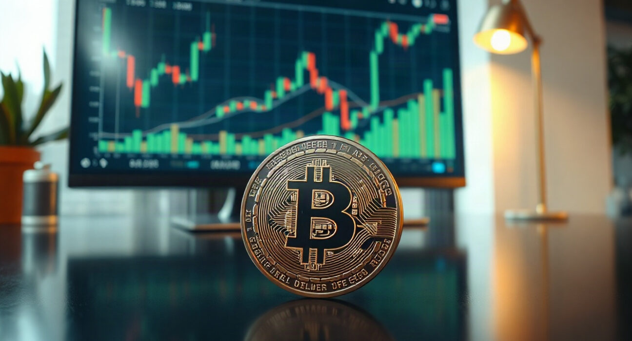 Bitcoin coin on a desk with a financial chart in the background, symbolizing market analysis
