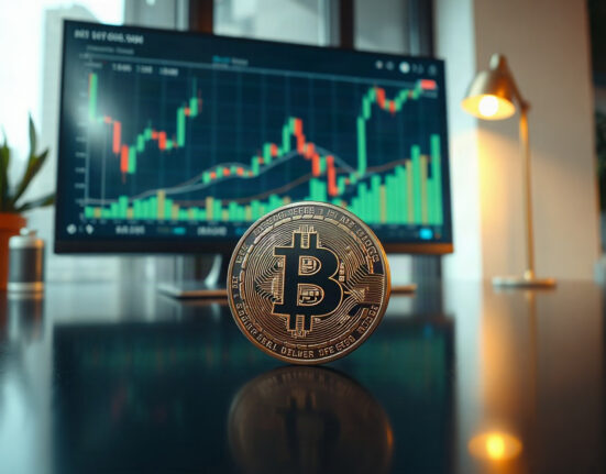Bitcoin coin on a desk with a financial chart in the background, symbolizing market analysis
