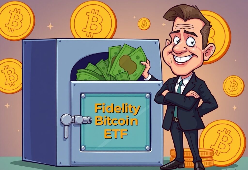 Cartoon showing an executive investing in Fidelity Bitcoin ETF, symbolizing significant institutional adoption of crypto assets.