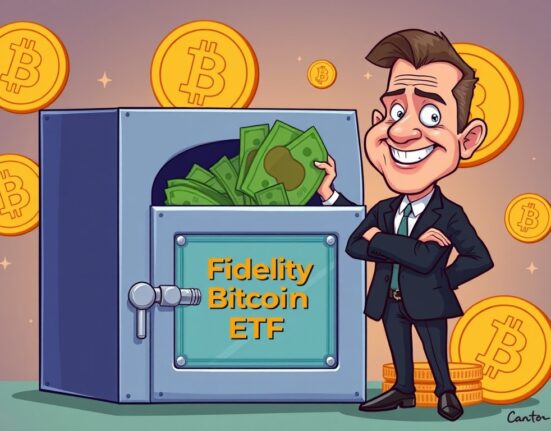 Cartoon showing an executive investing in Fidelity Bitcoin ETF, symbolizing significant institutional adoption of crypto assets.