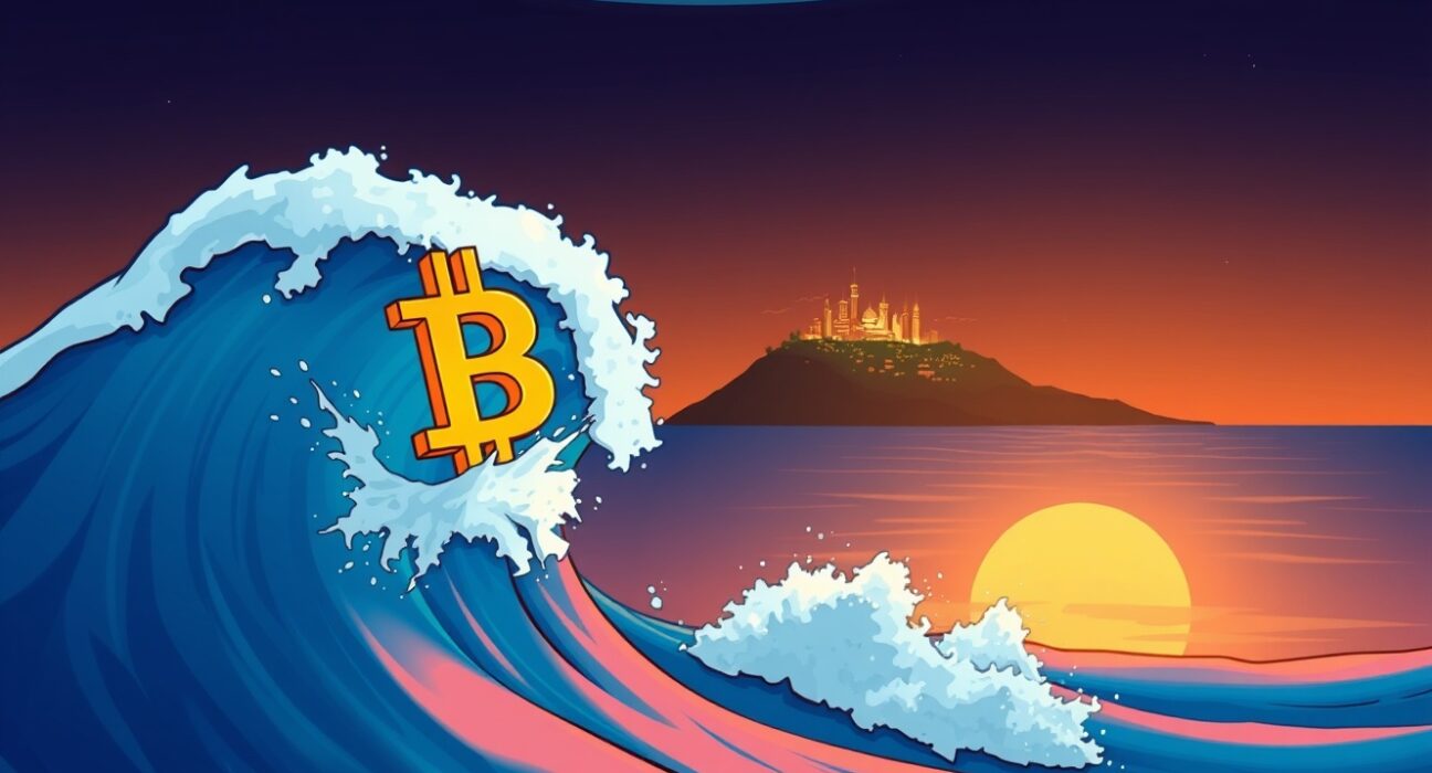 A vibrant cartoon illustration symbolizing the predicted Bitcoin rally as a powerful wave carrying the cryptocurrency forward.
