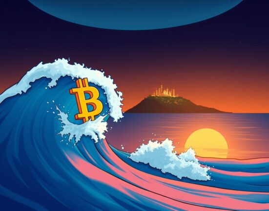 A vibrant cartoon illustration symbolizing the predicted Bitcoin rally as a powerful wave carrying the cryptocurrency forward.