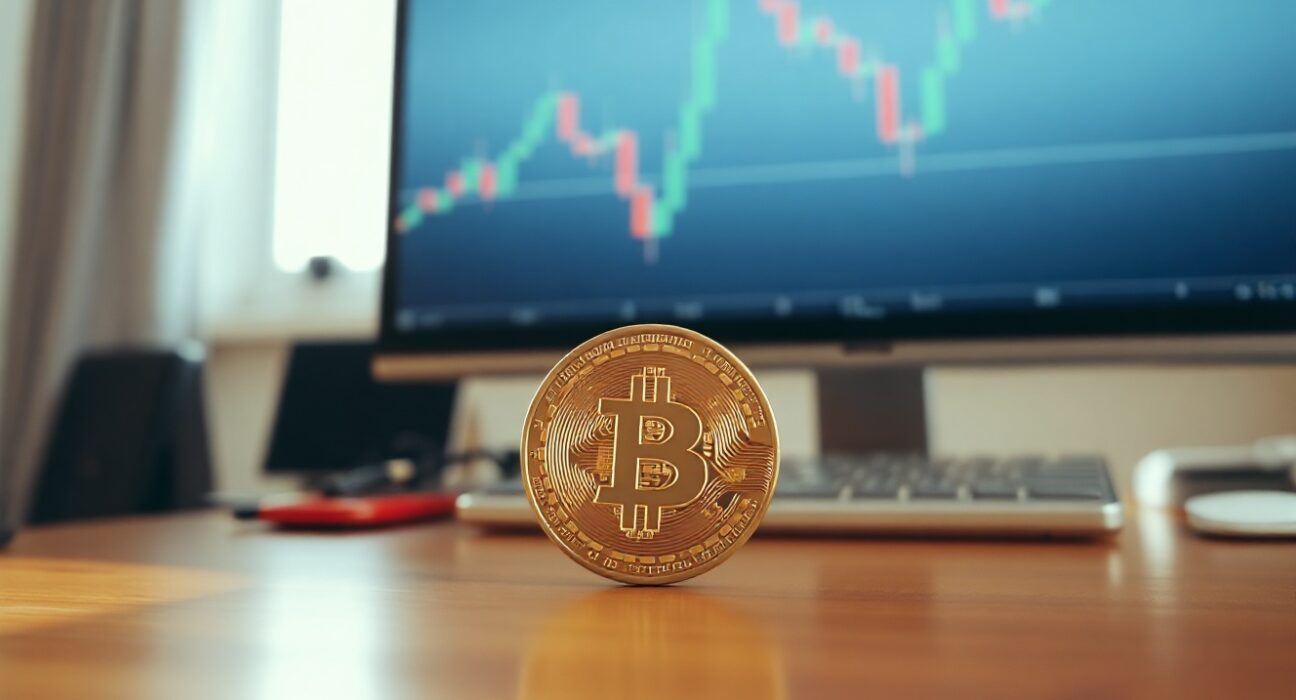 Bitcoin coin on a table near a monitor showing a candlestick chart, representing market analysis.