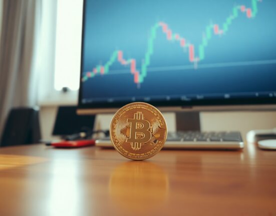 Bitcoin coin on a table near a monitor showing a candlestick chart, representing market analysis.