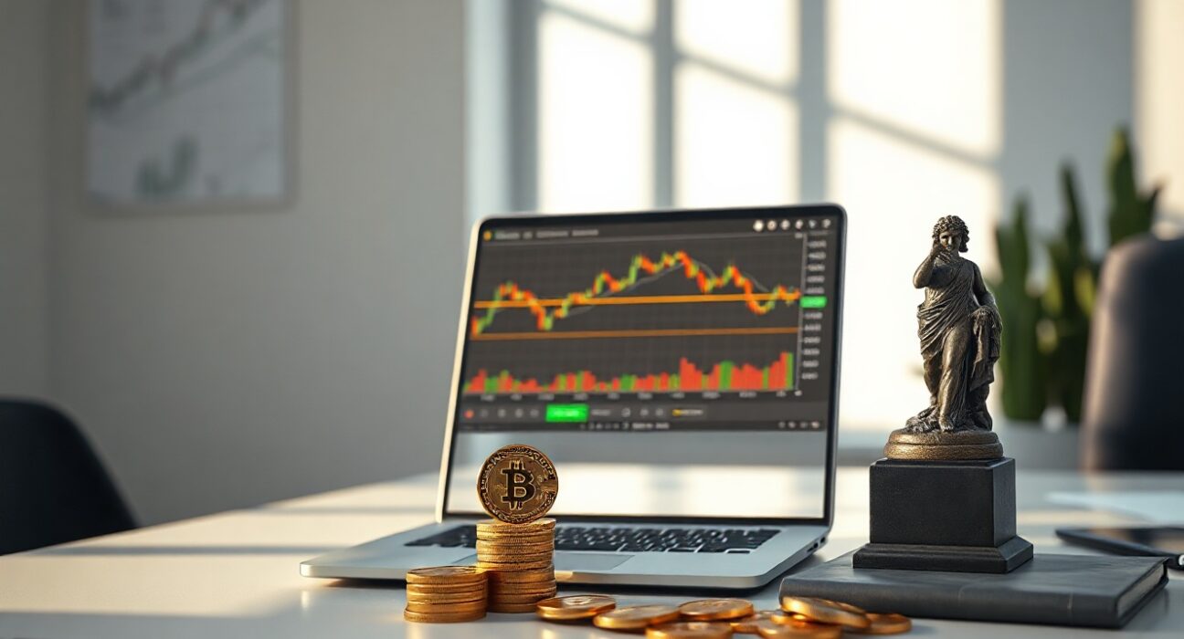 Bitcoin price chart on laptop next to gold coins and art sculpture on desk