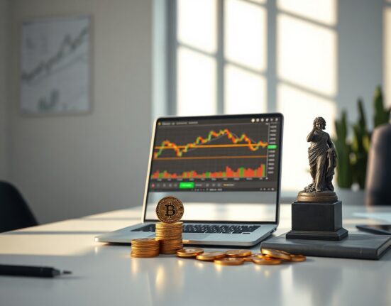 Bitcoin price chart on laptop next to gold coins and art sculpture on desk