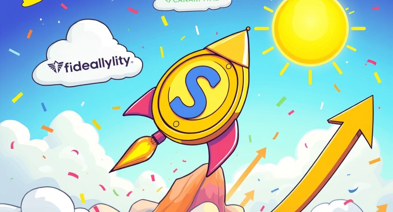 Spot SOL ETF rocket launch representing Solana investment opportunity with financial growth imagery